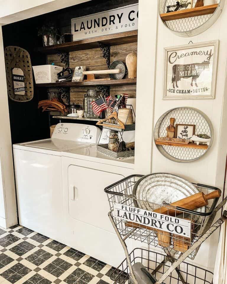 Small Laundry Closet With Wooden Shelves