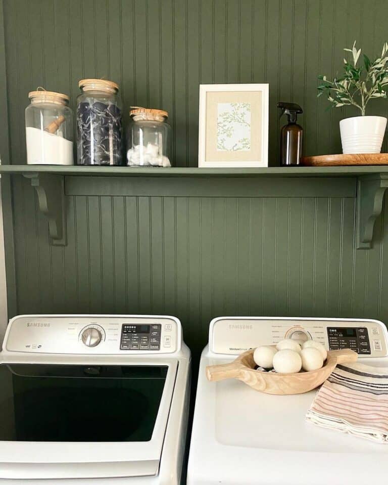 Small Laundry Nook With Green Beadboard Paneling