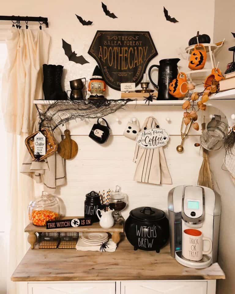 Spooky Décor Displayed Over Coffee Bar