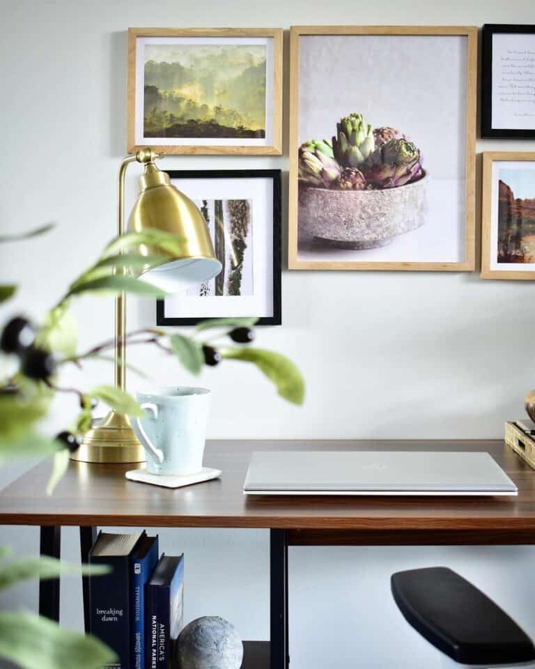 Stained Wood Work Desk With Gold Table Lamp