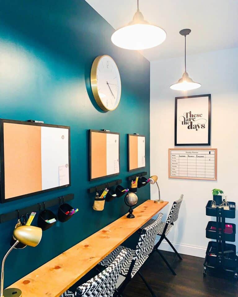 Teal Kid's Room Learning Area With Stained Wood Desk