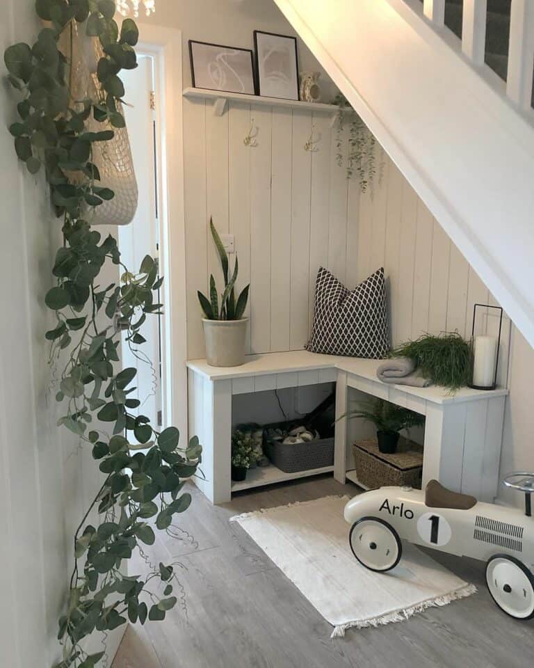 Under Stairs White Corner Bench