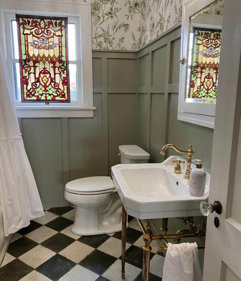 Vintage Bathroom With Green Board and Batten Wainscoting