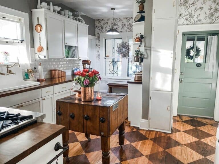 Vintage Kitchen With Wood Checkered Floor