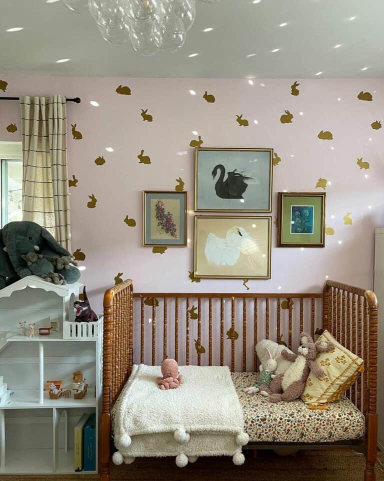 Vintage Nursery With Gold Bunnies on Soft Pink Walls
