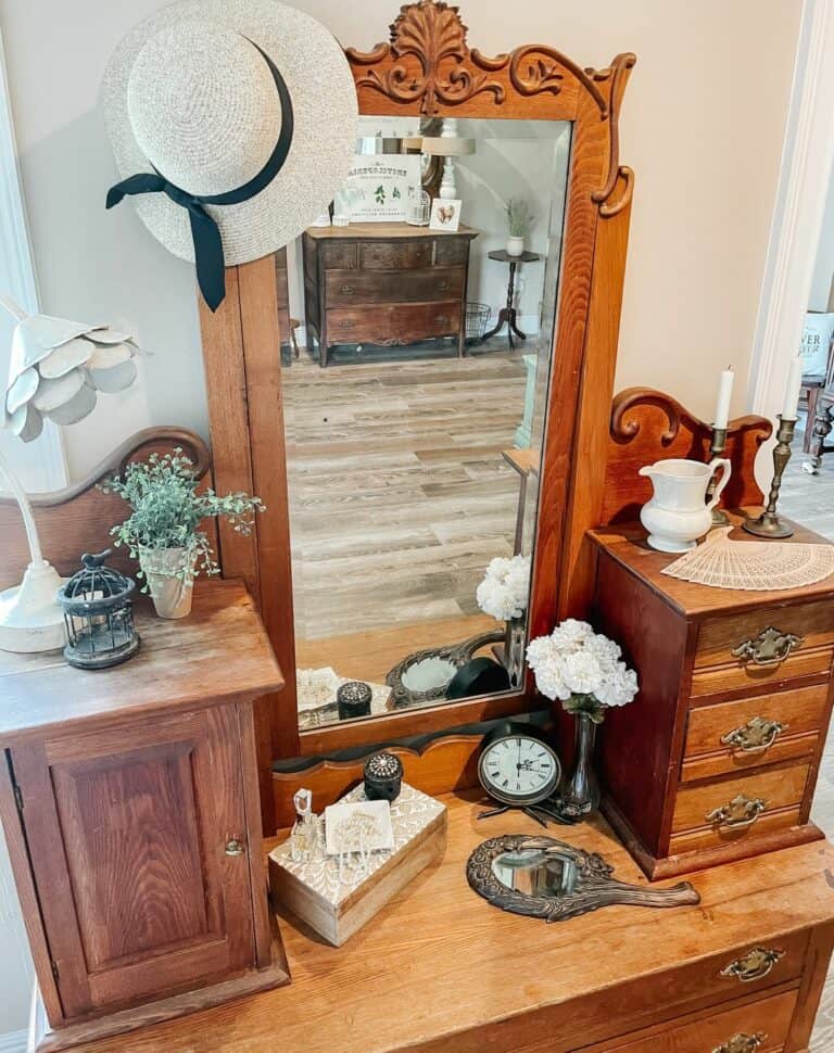 Vintage Wooden Dressing Table With Accessories