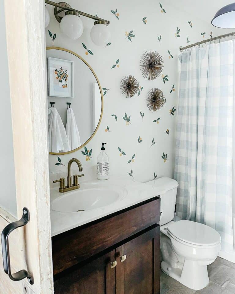 Wallpaper and Oak Cabinet in Farmhouse Bathroom