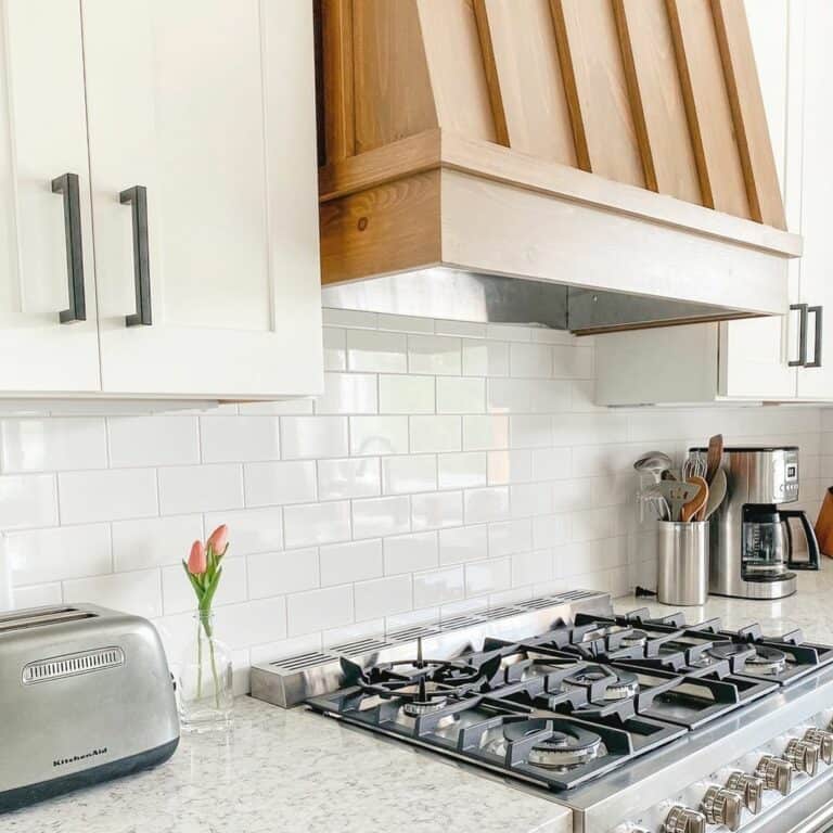Warm Wood Hood Vent in White Kitchen