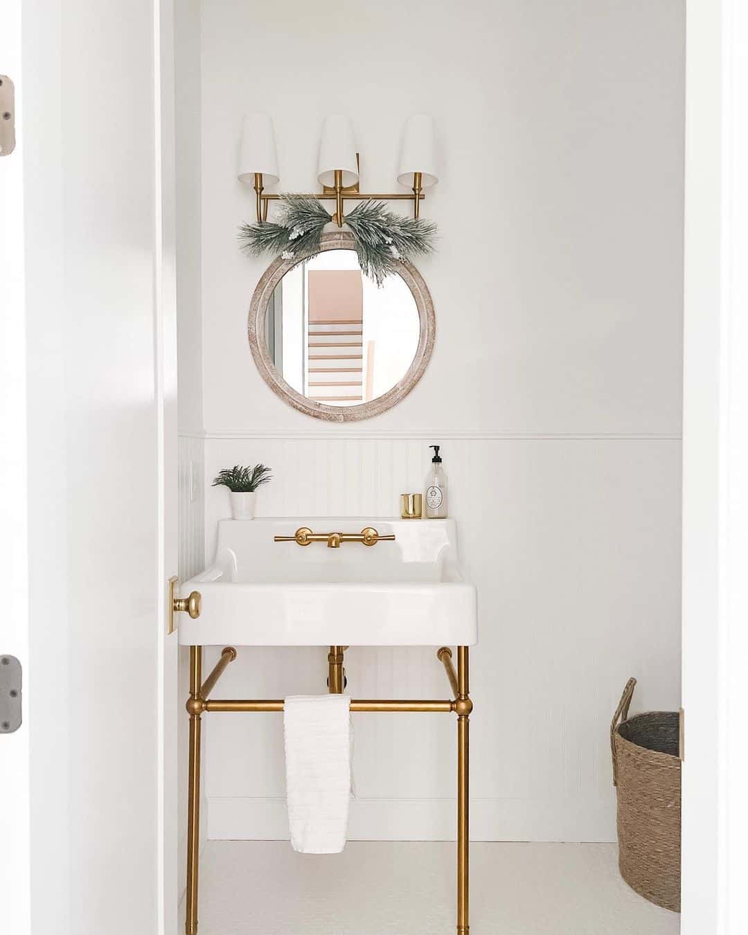 White Bathroom Wainscoting with Brass Accents - Soul & Lane