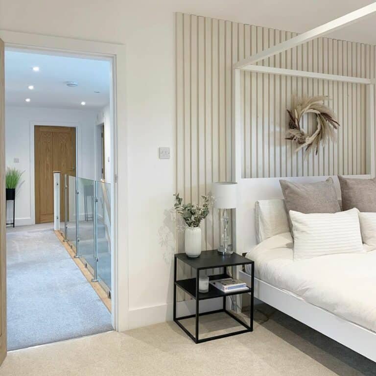 White Bedroom With Modern Wood Accent Wall