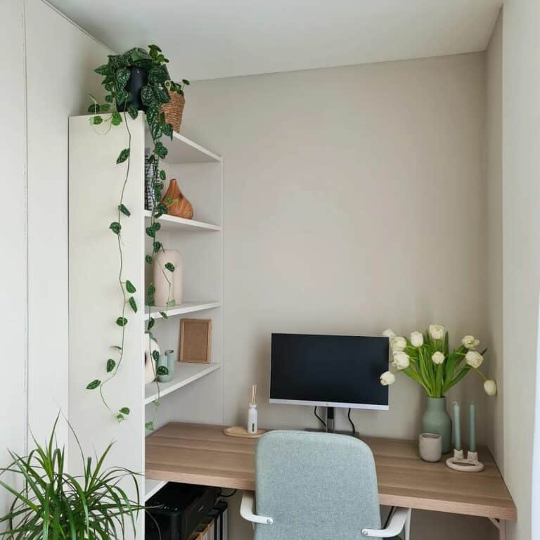 White Bookcase and Wooden Table in Small Home Office