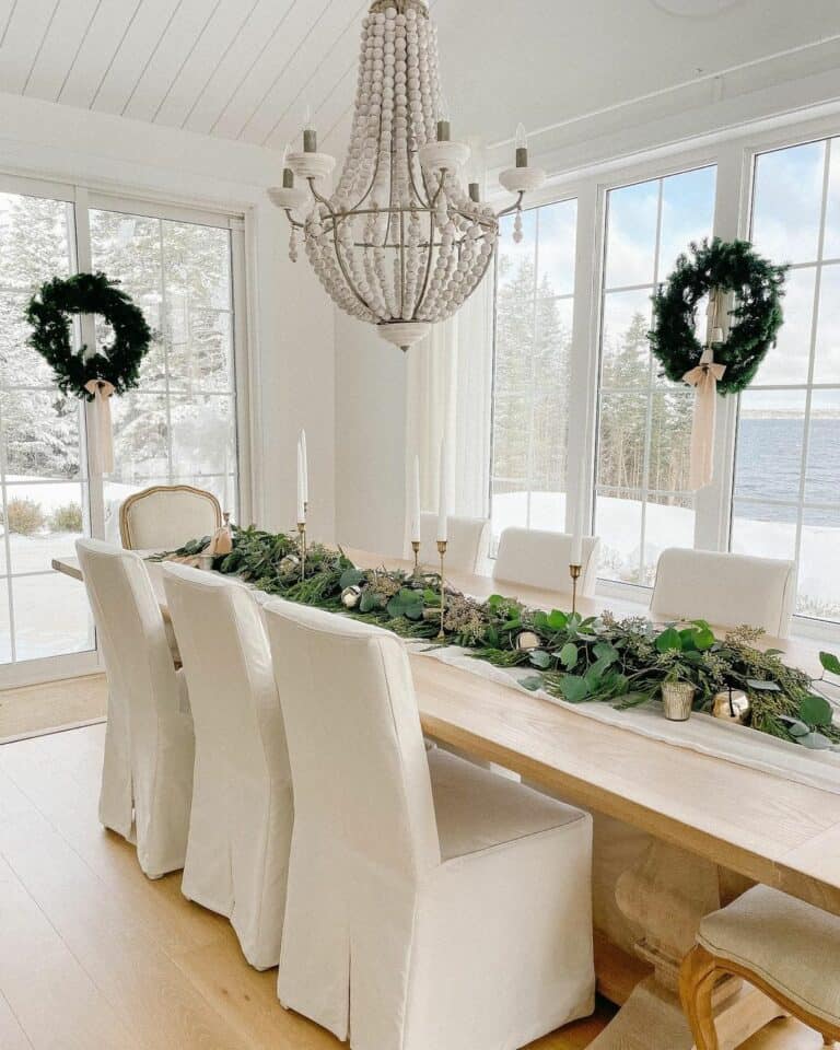 White Coastal Dining Room With Colonial Windows