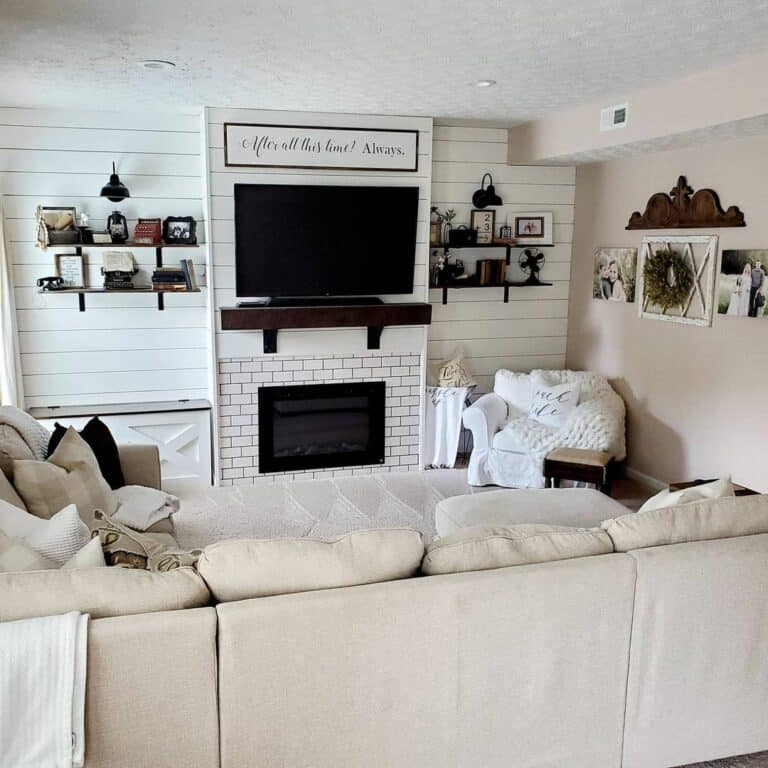 White Farmhouse Living Room With Shiplap Wall