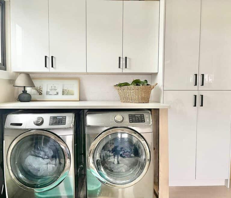 White Flat Front Laundry Room Cabinets