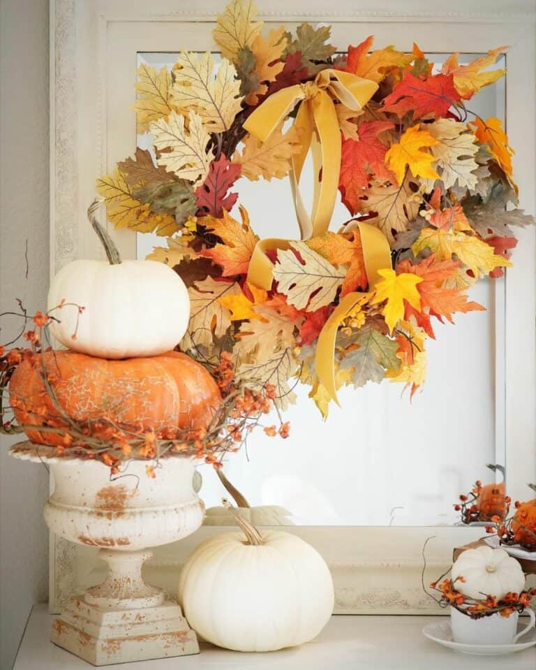White Frame Mirror With Autumn Leaf Wreath