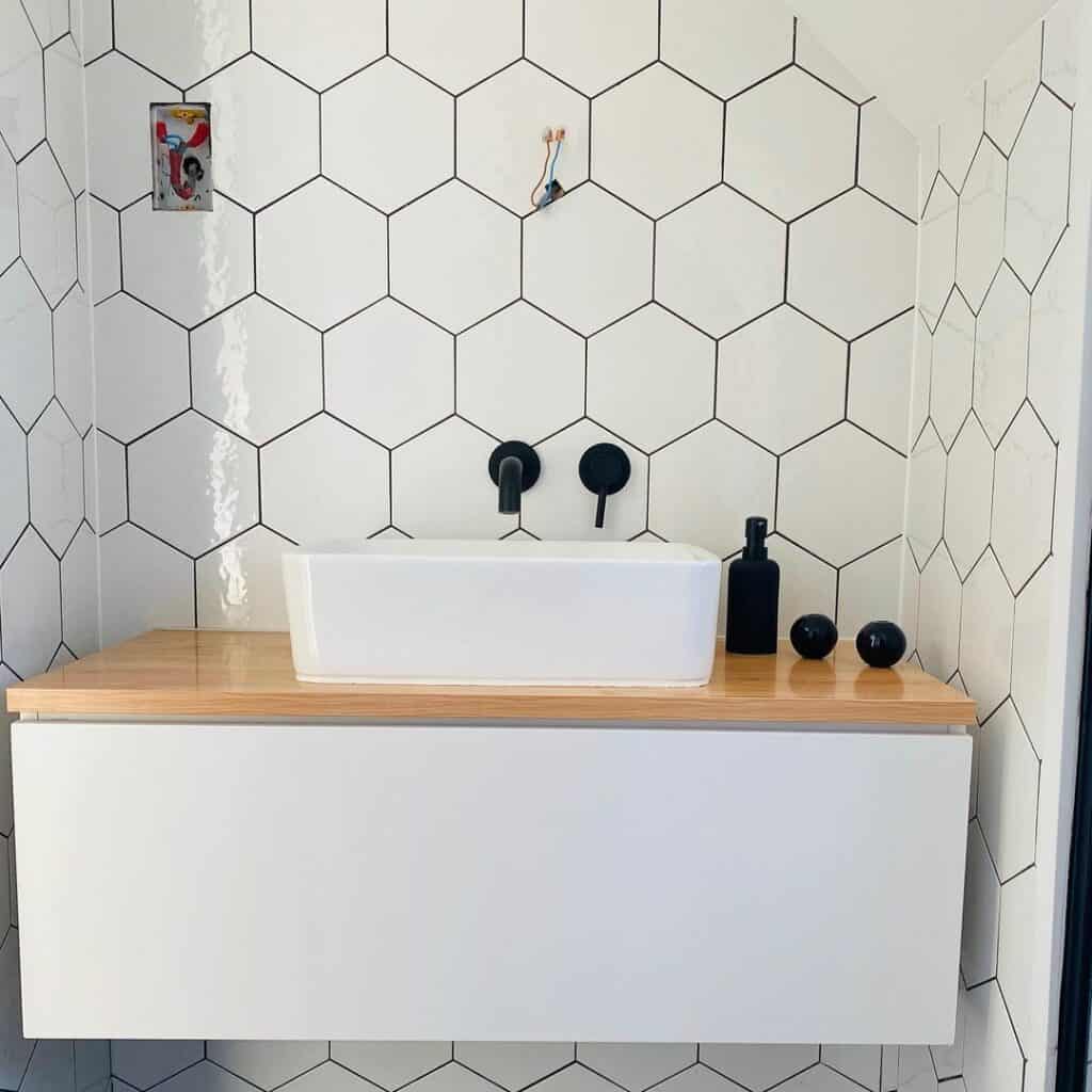 White Hexagon Tile With Contrasting Black Grout