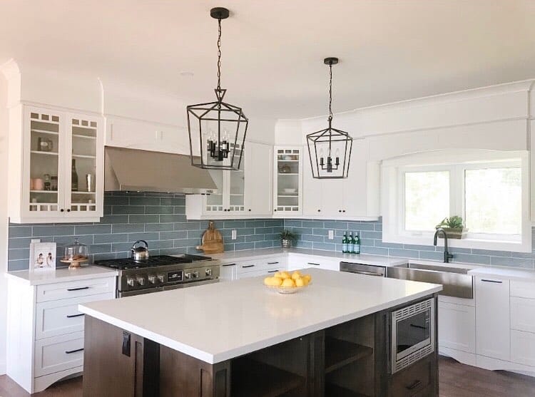 White Kitchen With Gray Backsplash Tile