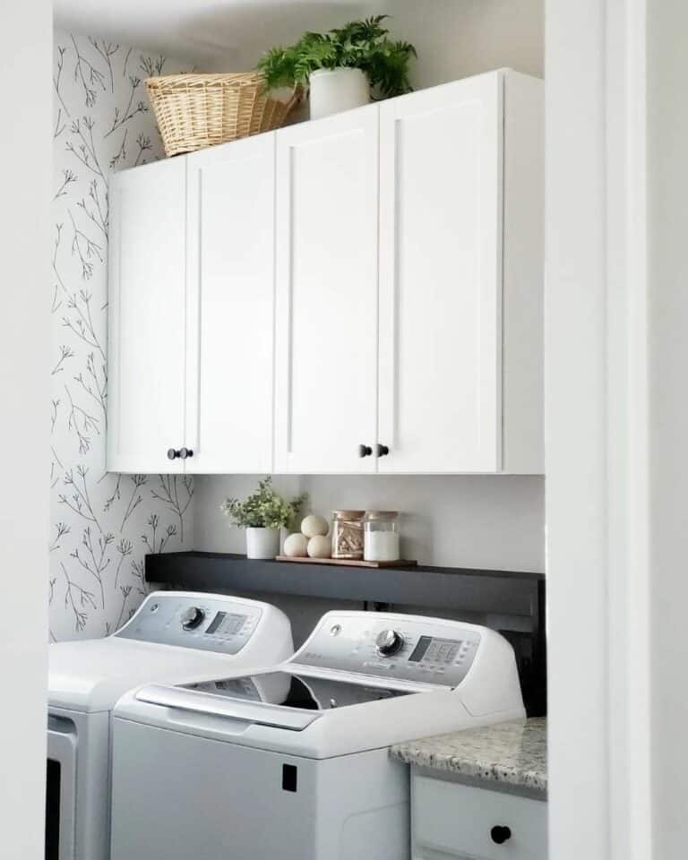 White Laundry Appliances With Black Floating Shelf