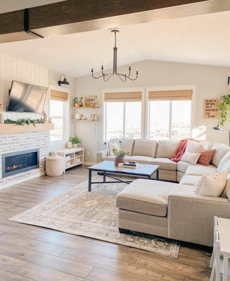 White Living Room With Black Fireplace