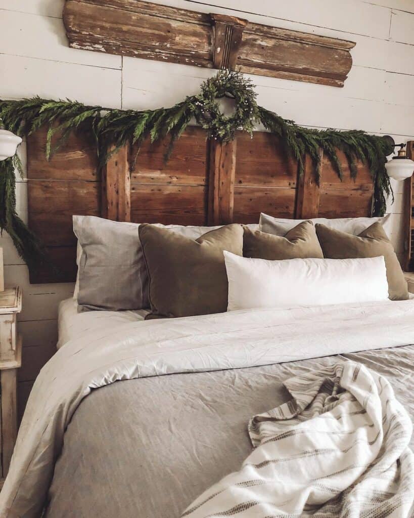 White Shiplap Bedroom With Wooden Headboard