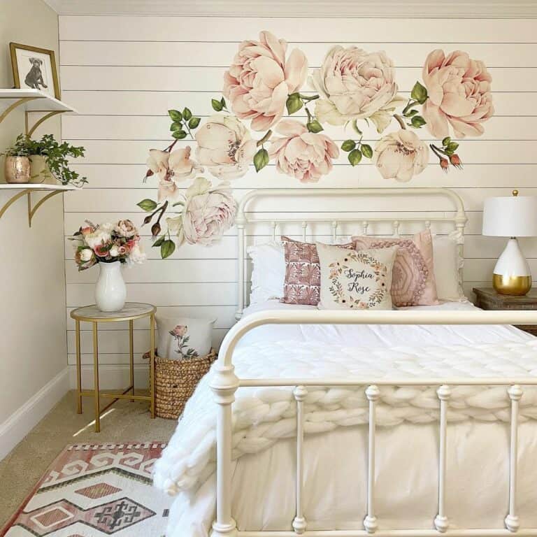 White Shiplap Wall With Large Pink Floral Decals