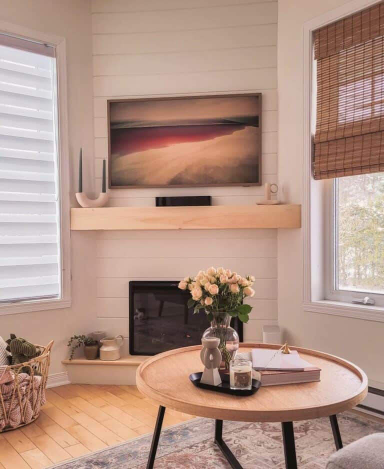 White Shiplap Wall With Living Room Corner Fireplace