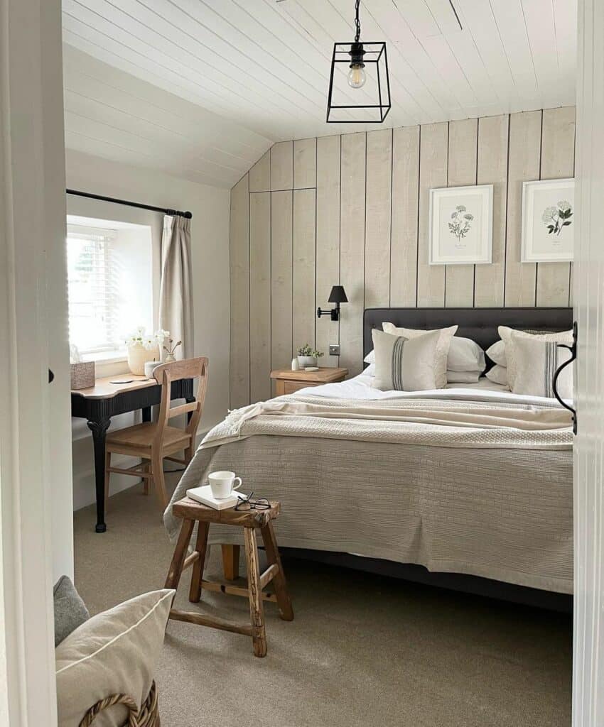 White Shiplap Walls in Neutral Bedroom