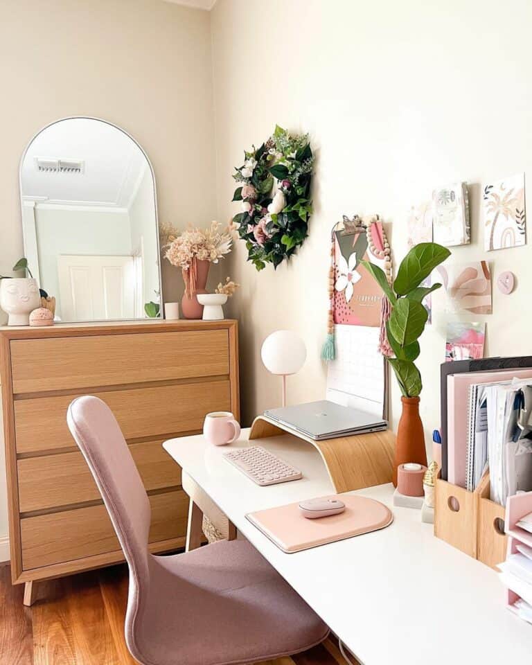 White Study Table With Pink Chair
