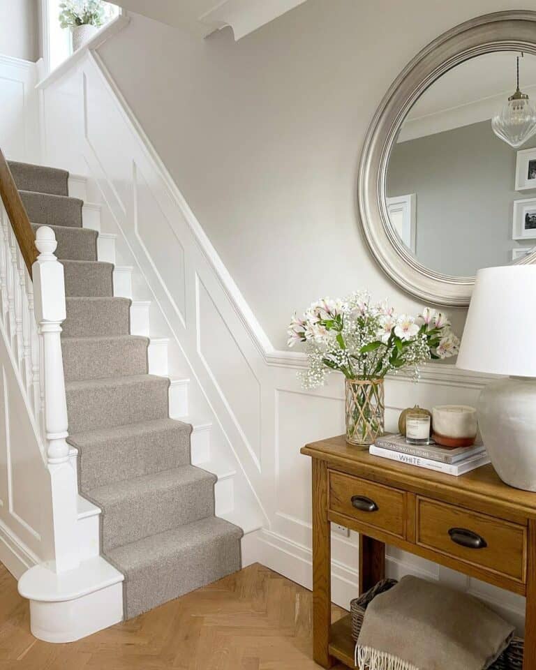 White Wainscoting Staircase With Gray Runner
