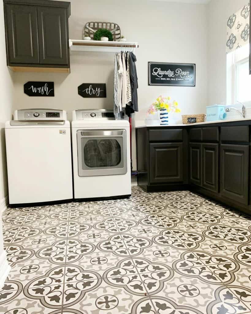 White and Gray Mosaic Tile Laundry Room Floor