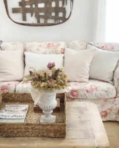 White and Pink Floral Cottage Couch