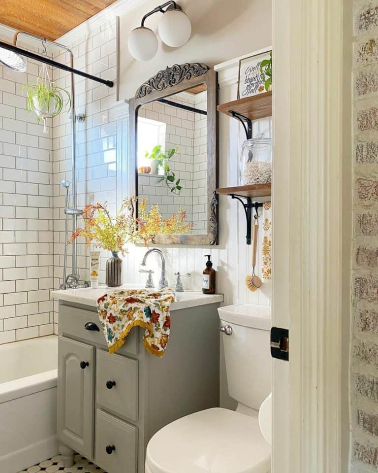 White and Wood Bathroom With Gray Washstand