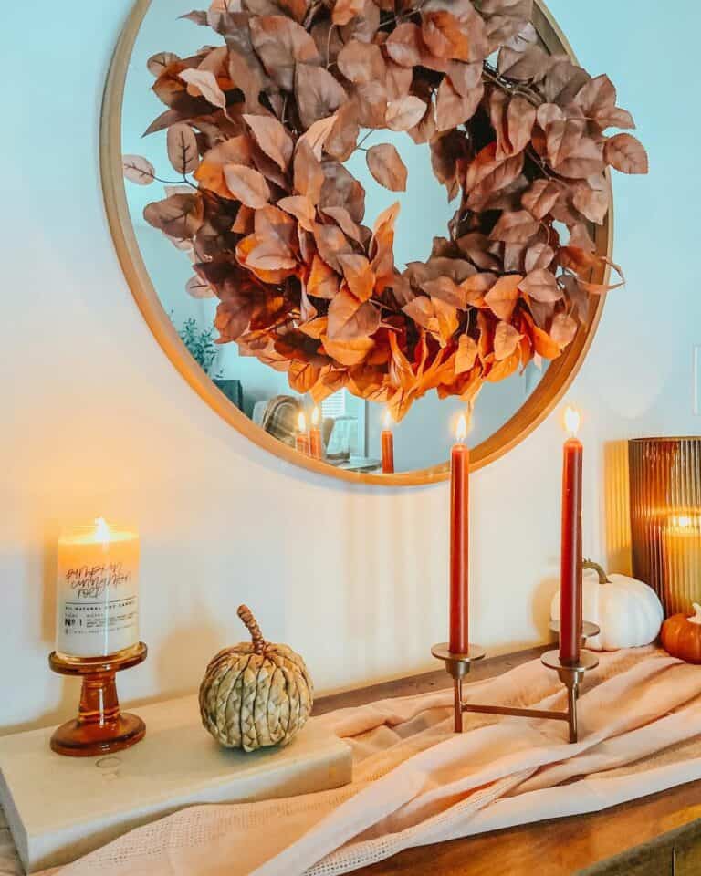 Wood Frame Circle Mirror With Autumn Wreath