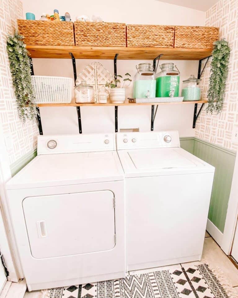 Wood Open Shelves With Woven Laundry Baskets