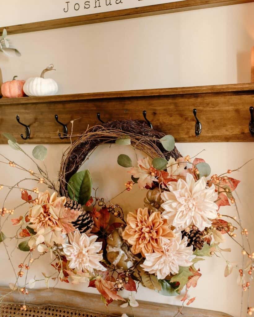 Wooden Coat Rack With Decorative Grapevine Wreath