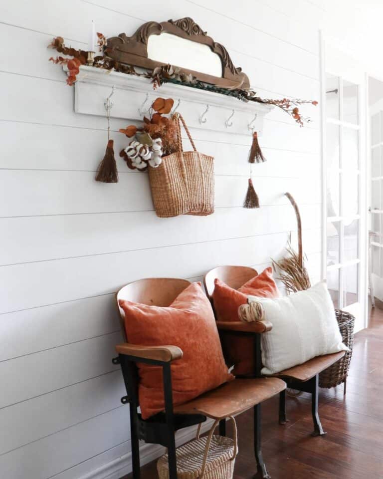 Wooden Entryway Chairs Against a Shiplap Wall