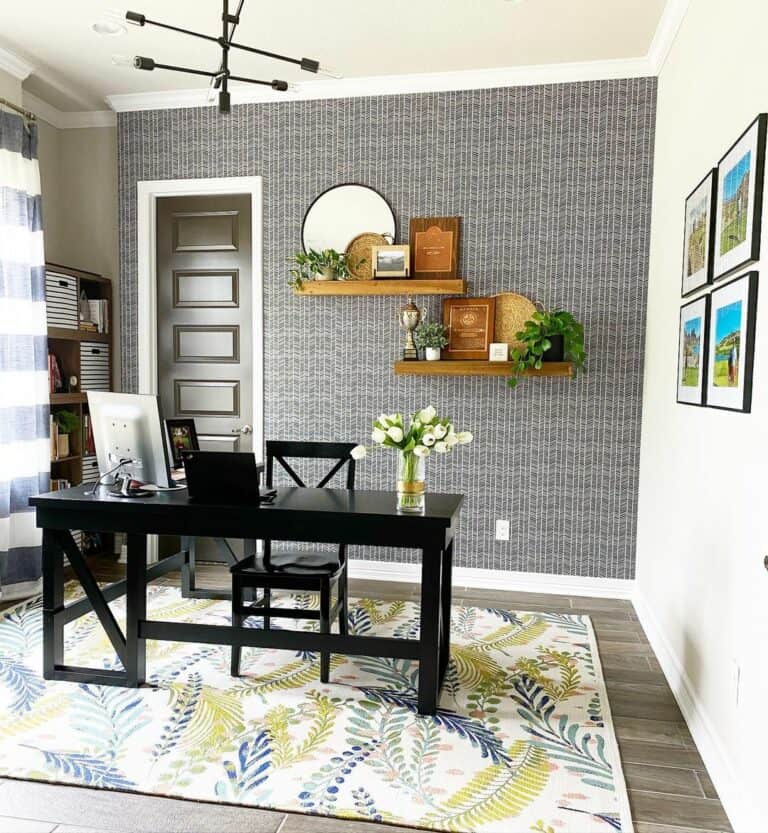 Wooden Floating Shelves on Patterned Wallpaper