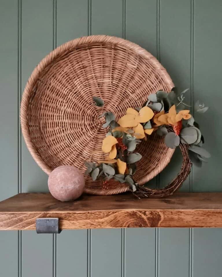 Wooden Shelf With Small Grapevine Fall Wreath