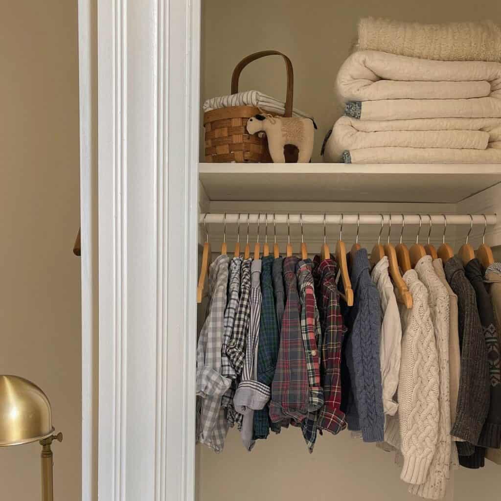 Beige Background With Wooden Hangers for Closet Shelving