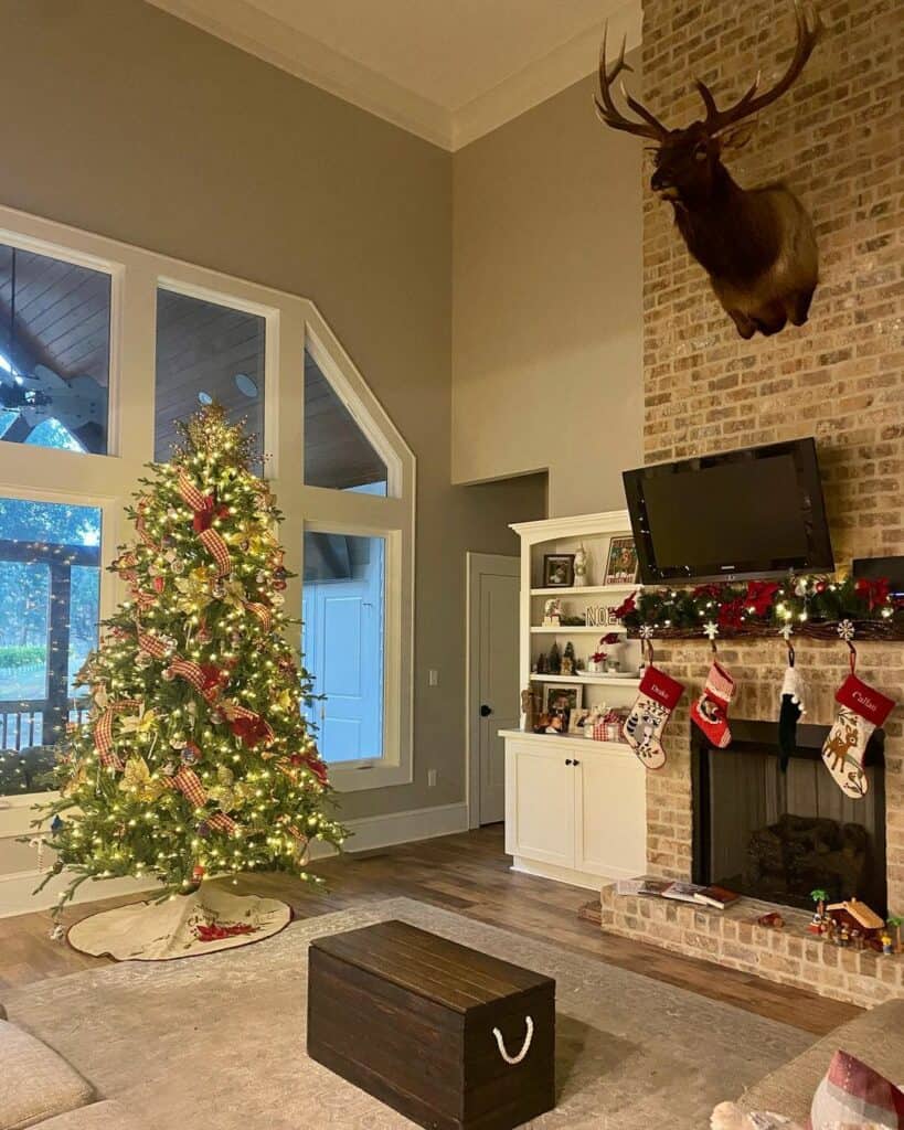 Beige Brick Fireplace Decorated for Christmas