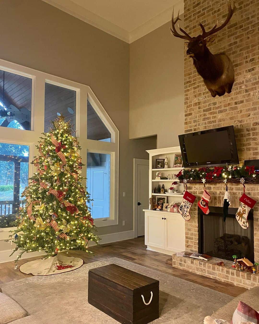 Beige Brick Fireplace Decorated for Christmas - Soul & Lane