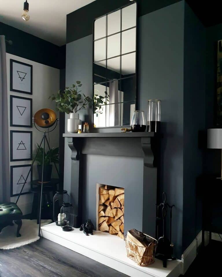 Black Living Room With Elegant Fireplace Mantel Décor