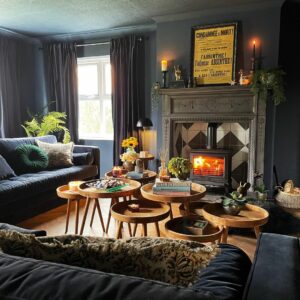 Black Living Room With Vintage Olive Mantel