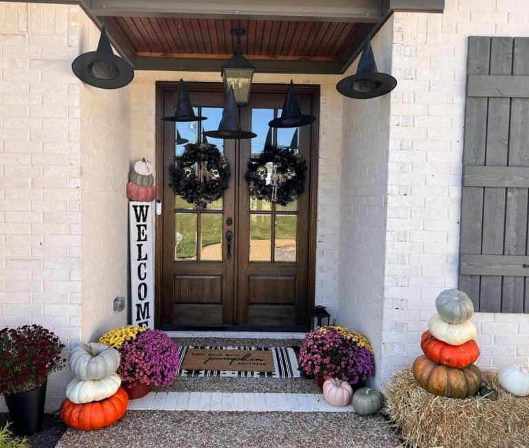 Black Skull Wreathes on Wooden French Doors