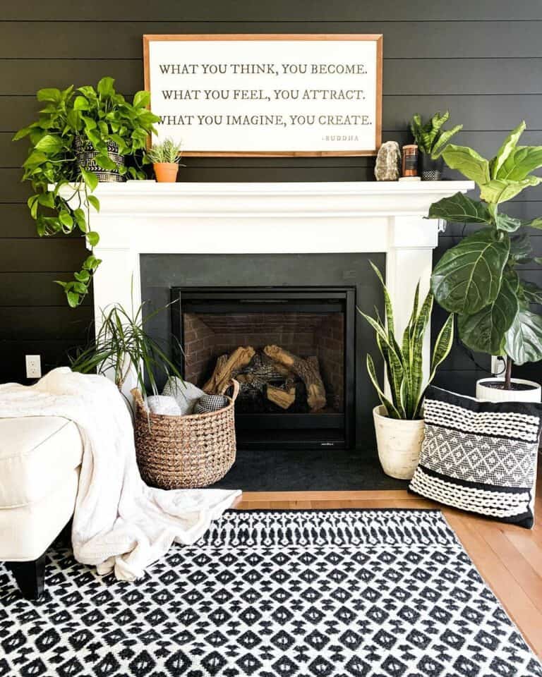 Black and White Boho Living Room Filled With Plants