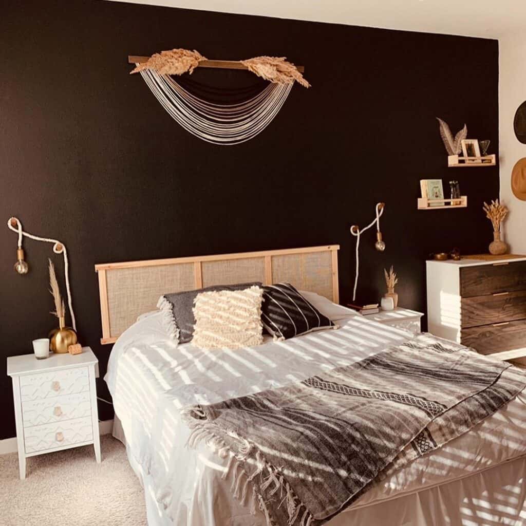 Boho Bedroom With Dark Brown Wall