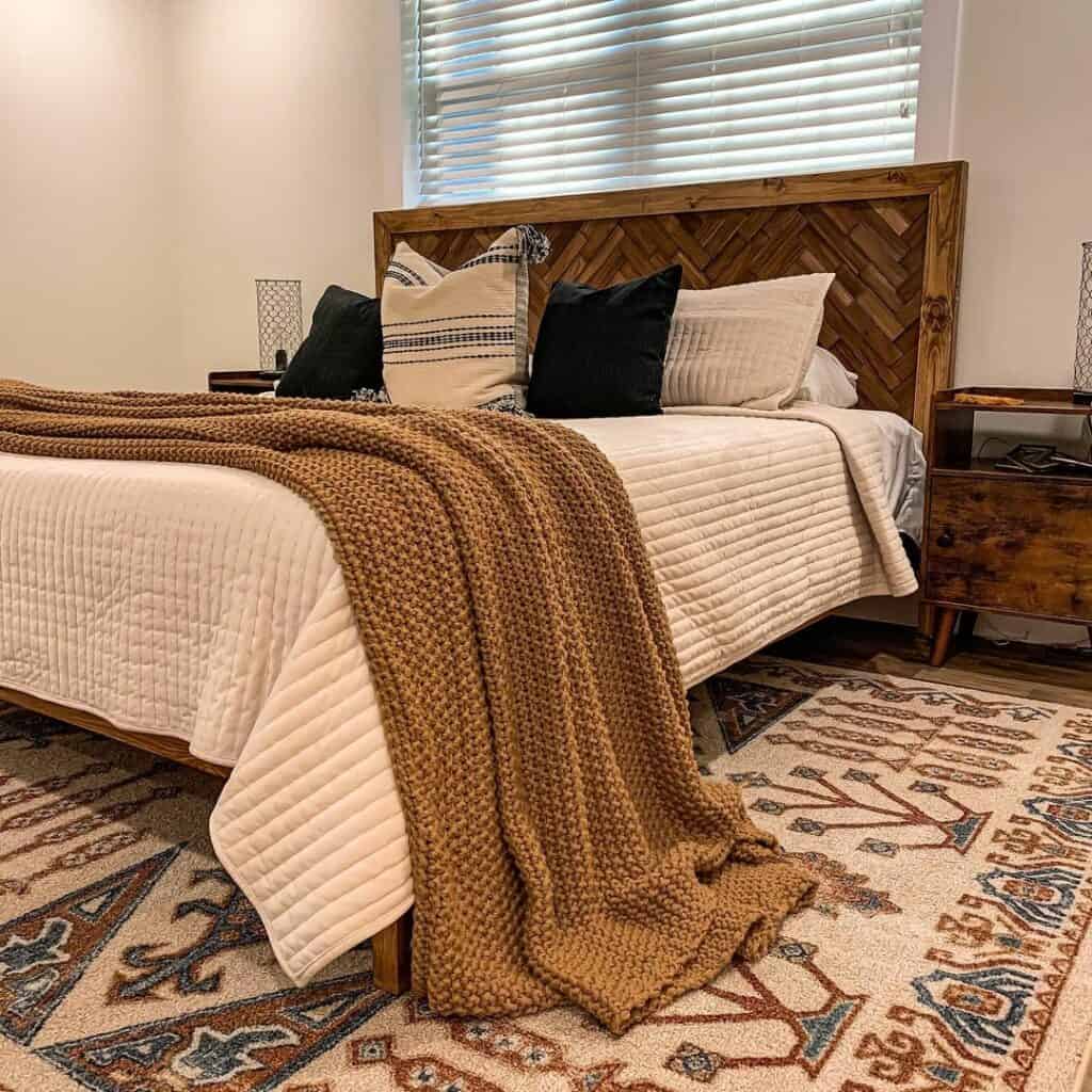 Boho Bedroom With Wooden Herringbone Headboard