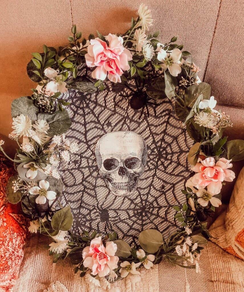 Boho Living Room With Floral Halloween Wreath