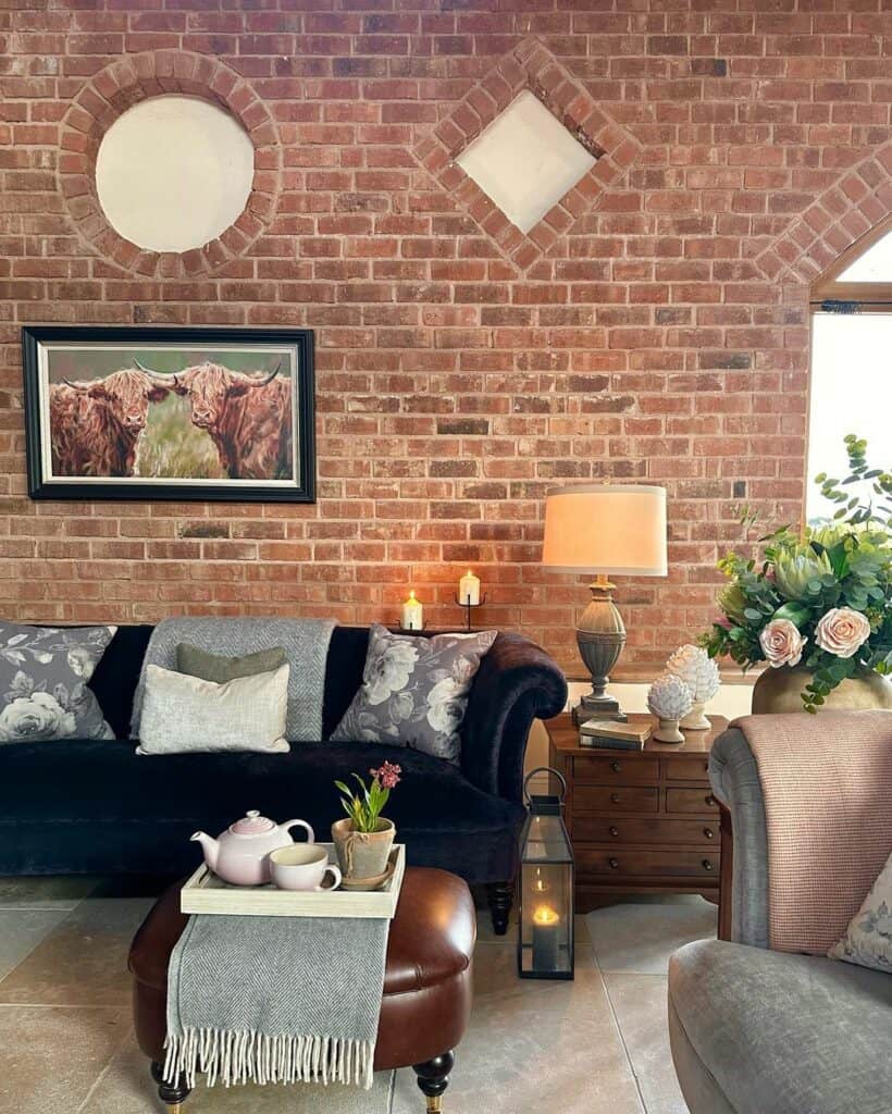 Brick Living Room With Floral Cushions