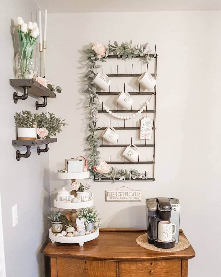 Bright Wood Cabinet With Wall Organizer for Coffee Bar